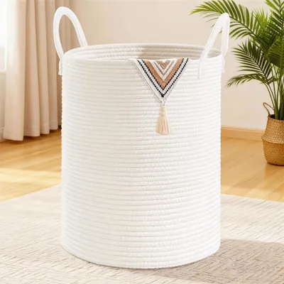 Immagine prodotto di Cesto per la biancheria da 100 litri, rotondo, con manici in cotone intrecciato, colore bianco
