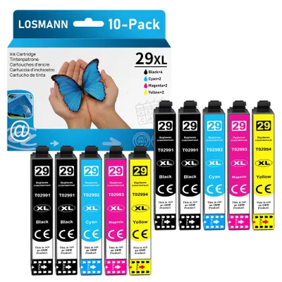 Immagine prodotto di Cartucce compatibili LOSMANN 29XL per stampanti Epson 29 XL, confezione multipacco per uso domestico, compatibili con i modelli XP-235, XP-245, XP-255, XP-332, XP-335, XP-342, XP-352, XP-345, XP-432, XP-435, XP-442, XP-445 (nero, ciano, magenta, giallo, confezione da 10)