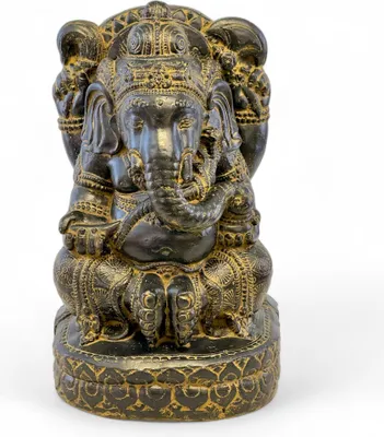 A statue of the Hindu deity Ganesha is shown against a white background.