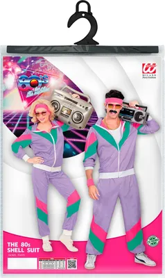 A product package for an 80s-themed shell suit costume, featuring a man and woman dressed in the outfits.