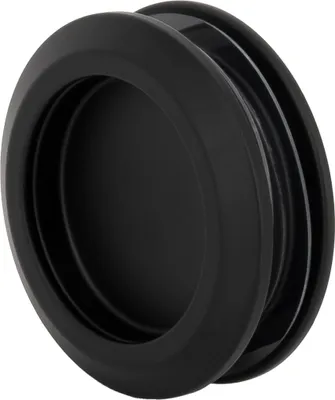 A close-up, angled view of a black recessed door handle.