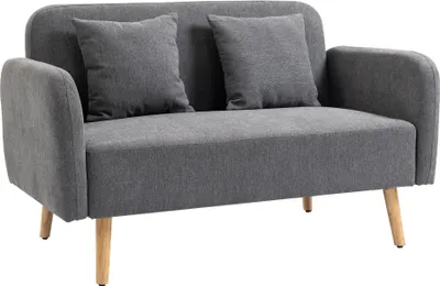 Zdjęcie produktu dla Sofa HOMCOM 2-osobowa z 2 poduszkami dekoracyjnymi, mała sofa dwuosobowa z aksamitnym wykończeniem, nowoczesna tapicerowana sofa do salonu, sypialni, małej przestrzeni, szara, 130 x 70 x 80 cm