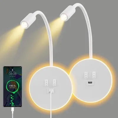 Obrázek produktu pro Nástěnná lampa s lampičkou na čtení - bílá - nastavitelná - LED s USB nabíjecím portem - vhodná do ložnice a obývacího pokoje