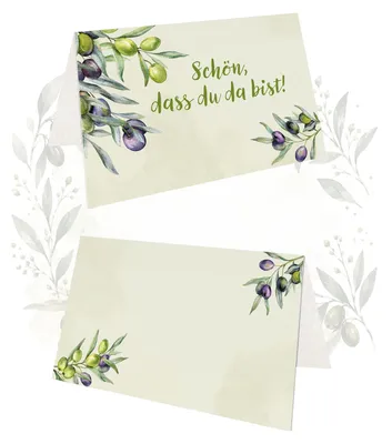 Produktbild von Tischkarten 25 Stück mit Olivenzweigen, Schön dass du da bist, 8,5 × 5,5 cm