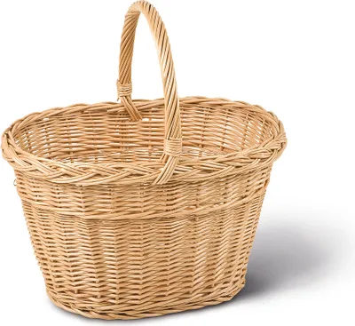 A woven basket with a handle, isolated on a white background.