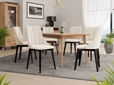 Obrázek produktu pro Rozkládací jídelní stůl se 6 židlemi NOWEN 2 - přírodní dřevo / černý / béžový