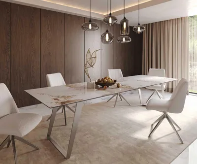 Produktbild von DELIFE Esstisch Edge 300x100 Keramik Minas Melange Weiß-Beige Edelstahl Schräg