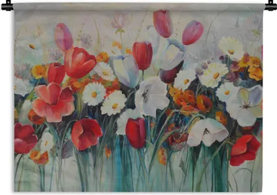 Produktbild von MuchoWow® Wandteppich Wandbehang Malerei - Ölfarbe - Blumen 90x67.5 cm Tapisserie Dekoration Wandtuch - Fototeppich - Wand-Skulpturen