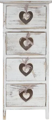 Produktbild von Kommode Sues, Schubladenkommode Schrank, 4 Schubladen mit Herzen 70x29x25cm, Shabby-Look, Vintage  weiß