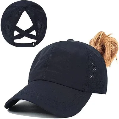 Immagine prodotto di Cappellino unisex Ibenzoa® con apertura per la coda di cavallo – realizzato in rete di poliestere traspirante, con fascia assorbente, regolabile (circonferenza interna di circa 55 cm), leggero e pieghevole, con protezione UV