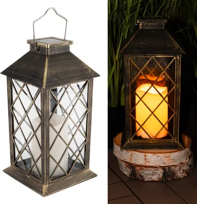 Produktbild von LUMILED Latarnia solarna na zewnątrz Latarnie solarne na zewnątrz Szklana latarnia solarna LED ze świecą Efekt migotania Świeca IP44 Vintage Patina