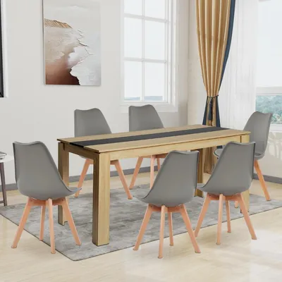 Image de Ensemble de salle à manger comprenant une table rectangulaire de 160 cm en chêne et noir, ainsi que 6 chaises grises