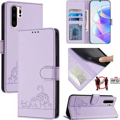 Produktbild von Leder Hülle für Huawei P30 Pro Süße Katze Flip Case Brieftasche Schutzhülle mit Standfunktion Lila