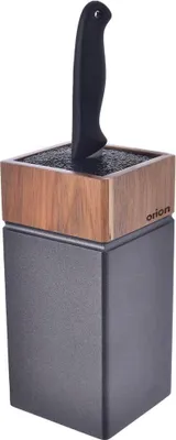 A knife block with a knife inserted, set against a white background.