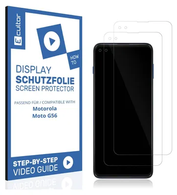 A product shot of screen protectors for a Motorola phone, with packaging and instructional graphics.