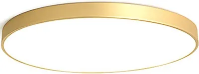 A close-up, angled view of a round, flat LED ceiling light with a gold-colored frame and a white light diffuser.