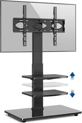 Immagine prodotto di Base per mobile TV Unyqoos® con 3 ripiani – regolabile in altezza (1118–1268 mm) e girevole di ±30° per televisori da 32 a 70 pollici (piatti e curvi), compatibile con standard VESA fino a 400x400, capacità massima di 50 kg