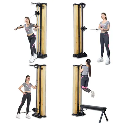 Produktbild von Kabelzugstation AsVIVA MG7 Kraftstation mit 101 kg Gewichten Holz Design Klimmzugstange Bank Home Gym platzsparend