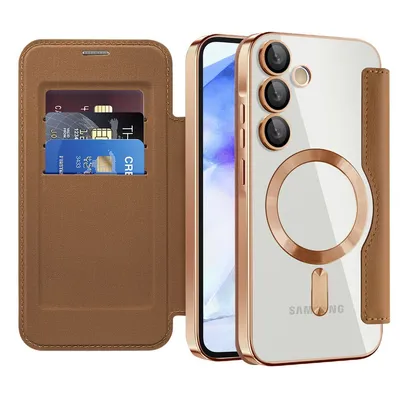 Produktbild von Klapphülle für Samsung Galaxy A55 Kompatibel mit Magsafe, Klar Überzug Kartenhalter Ledertasche mit Kameraschutz Braun