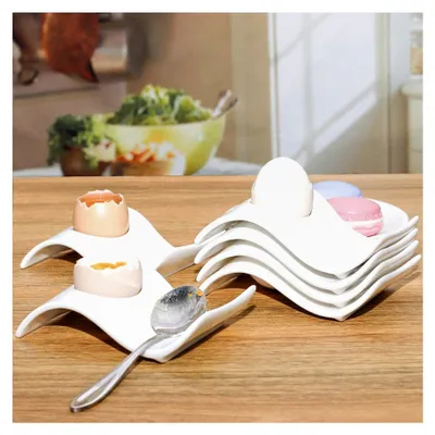 Produktbild von Eierbecher Set aus Porzellan für hart und weichgekochte Eier, 6 weiße Eierbecher + 1 Eieröffner
