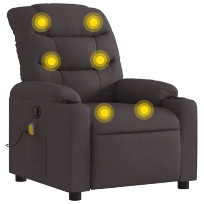 A dark gray fabric massage chair with yellow circles indicating massage points.