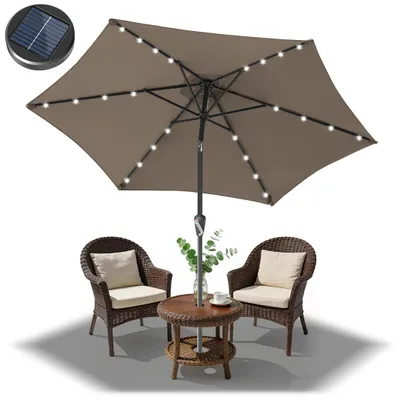 Produktbild von Faziango 2.7m Sonnenschirm UV50+ Neigbar Sonnenschutz Gartenschirm Strandschirm LED Solar, knickbar, Schirmtuch mit PA-Beschichtung, Taupe