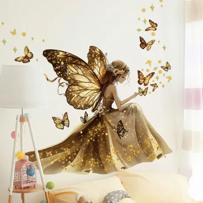 Produktbild von Wandtattoo goldene Schmetterlinge und Fee mit Flügeln, selbstklebend, 110 x 112 cm, für Mädchenzimmer