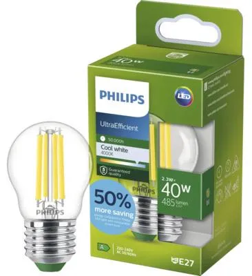 Produktbild von Philips Filament-Lampe Tropfenform, klar, 40 W P45 E27, 2,3 W, 40 W, E27, 485 lm, 50000 h, Kaltweiße