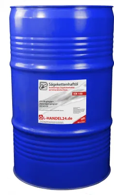 A large blue drum of oil with a label on the front.
