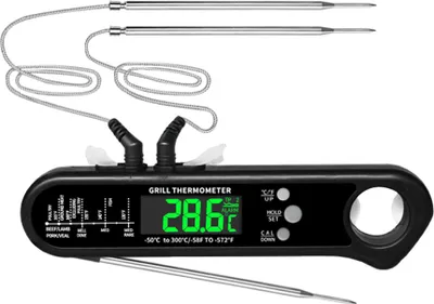 Produktbild von Digitales Fleischthermometer zum Kochen, batteriebetrieben, zwei Sonden, 2šC3 Sekunden, sofort ablesbares Fleischthermometer mit Magnetalarm und Flaschenoeffner, LCD-Digitalanzeige, Kochthermometer fuer Ofen, Grill, Kueche oder im Freien