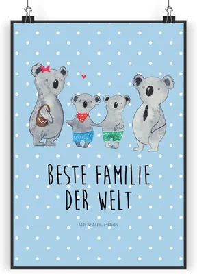 Produktbild von Mr. & Mrs. Panda Bild Koala Familie zwei DIN A5 - Blau Pastell - Geschenk, Koalabär, drucke, Muttertag, Plakat, Wandbild, wanddeko, wandkunst