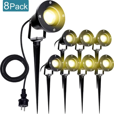 Image de VINGO 8 pièces Projecteur de jardin avec piquet de terre, 4w GU10 LED blanc chaud Eclairage de jardin avec fiche, IP65 étanche Lampe d'extérieur pour terrasses Balcons Gazon Jardins