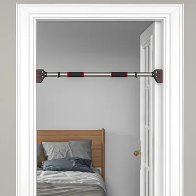 Produktbild von Klimmzugstange Türrahmen ohne Bohren, Türreck verstellbar, Edelstahl, Schwarz+Rot | 75–92 cm | bis 200 kg | Klemmmontage