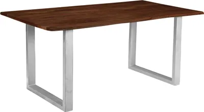 Produktbild von Esszimmertisch 100 x 70 cm Insa, echte Baumkante, Akazienholz nussbaumfarben, massiver Baumkantentisch mit U-Gestell Silber