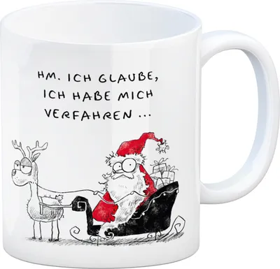 Produktbild von Weihnachtsmann im Schlitten Kaffeebecher mit Spruch Habe mich verfahren