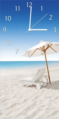 Produktbild von Wallario Design Wanduhr bedruckt, Größe 30 x 60 cm, Motiv: Sonnenliege am weißen Strand unter blauem Himmel