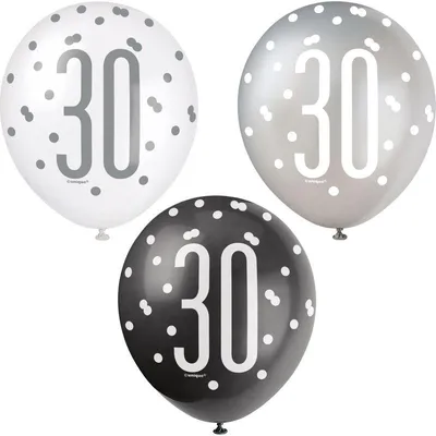 Produktbild von 6 Luftballons schwarz & silber Zahl 30