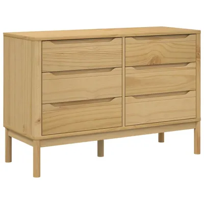 A wooden dresser with six drawers is shown against a white background.
