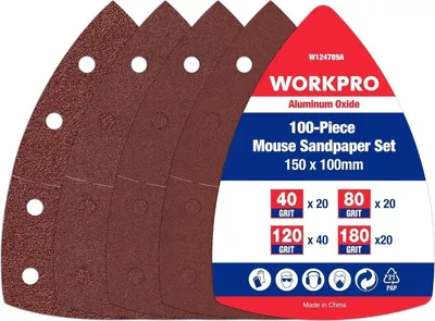 A set of triangular sandpaper sheets with a product label.