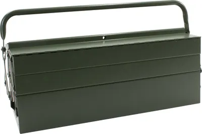 A green metal toolbox with a handle.