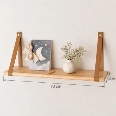 Image de leg&go Étagère flottante 70x15cm, en bois avec lanières en cuir, étagère murale