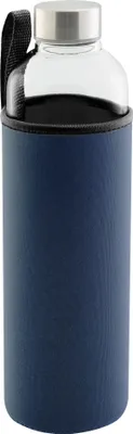 Produktbild von Axentia Glas Trinkflasche mit Tasche, 1000 ml, dunkelblau, Trinkflasche für Sport, Freizeit, Büro und Schule, auslaufsicherer Edelstahldeckel
