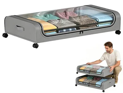 Immagine prodotto di Comodino sottobordo con ruote, coperchio trasparente, protezione antipolvere, modello Oxford, 80x44x16 cm. Ideale per riporre vestiti, scarpe, giocattoli. Colore: grigio