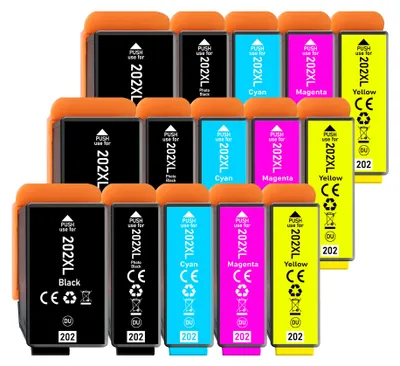 A collection of printer ink cartridges arranged in rows.