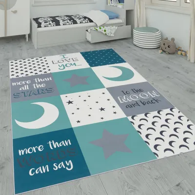 Produktbild von Kinderteppich, Kinderzimmer Teppich m. Stern, Mond u. Karo Motiven Grösse 160x230 cm