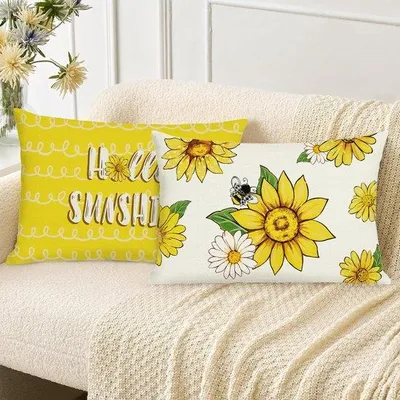 Image de Ibenzoa® : Lot de 2 housses de coussin décoratives – Motifs tournesols et abeilles, en polyester et lin, 30 x 50 cm, pour intérieur et extérieur, avec fermeture éclair invisible