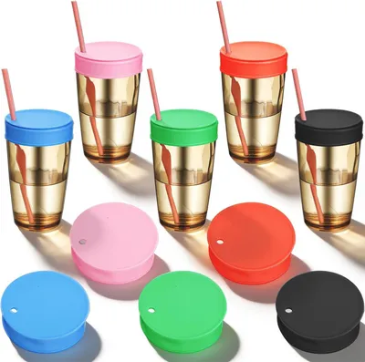Immagine prodotto di Copri-bicchiere in silicone - Set da 5 - Copri-bicchiere con foro per cannucce - Copri-bicchiere riutilizzabili per proteggere le bevande durante le feste