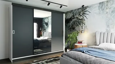 Produktbild von FurMeb24 Schiebetrenschrank RETRO 1-200x205cm Kleiderschrank mit Spiegel, 3-triger Schiebeschrank (Weiss / Graphit Antrazit + Spiegel)