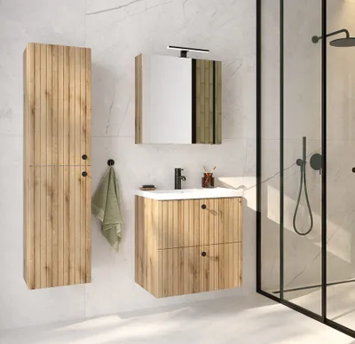 Produktbild von Badmöbel Set 3-teilig, 60 cm Waschtisch, Spiegelschrank, Eiche RIVA-107