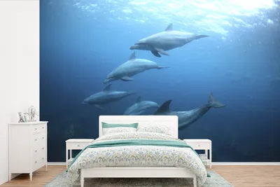Produktbild von MuchoWow® Fototapete für Wohnzimmer oder Schlafzimmer Wandtapete Vinyl Motivtapete Eine Gruppe von Großen Tümmlern unter Wasser - 450x300 cm - Gemusterte